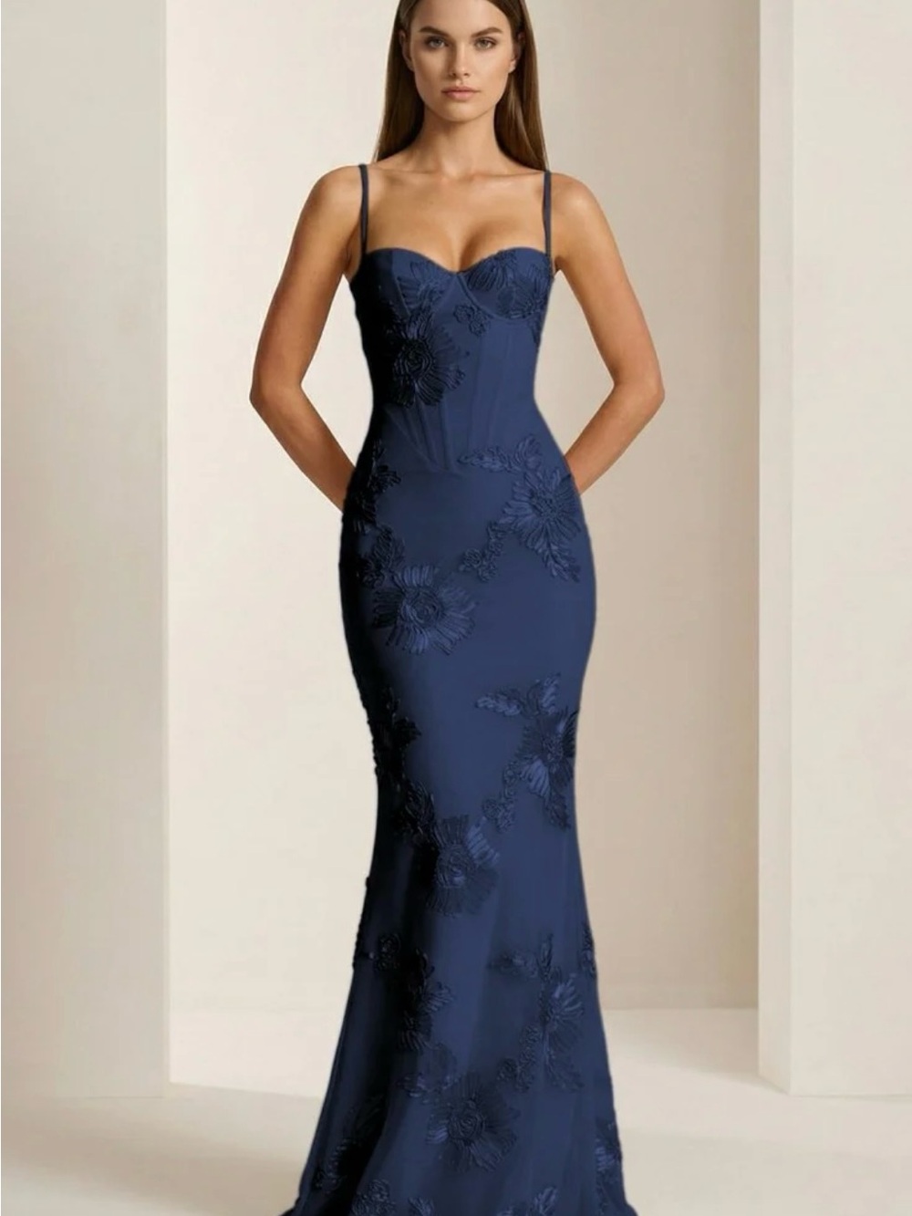 Kiss Prom Navy Floral Embroidered Spaghetti Strap Evening Gown
